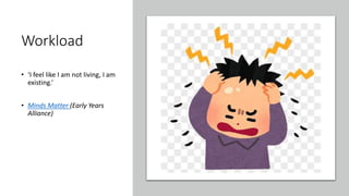 Workload
• ‘I feel like I am not living, I am
existing.’
• Minds Matter (Early Years
Alliance)
 