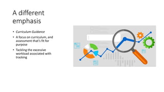 A different
emphasis
• Curriculum Guidance
• A focus on curriculum, and
assessment that’s fit for
purpose
• Tackling the excessive
workload associated with
tracking
 