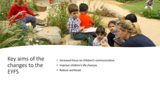 Key aims of the
changes to the
EYFS
• Increased focus on children’s communication
• Improve children’s life chances
• Reduce workload
 