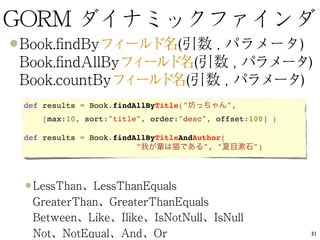 def results = Book.findAllByTitle("           ",
    [max:10, sort:"title", order:"desc", offset:100] )

def results = Book.findAllByTitleAndAuthor(
                        "             ", "         ")




                                                         31
 