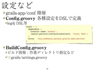 log4j = {
  appenders {
    console name:'stdout',
    layout:pattern(conversionPattern: '%c{2} %m%n')
  }
  error  'org.codehaus.groovy.grails.web.servlet'
}




                 61
 