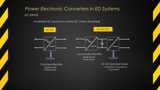 DC DRIVES
Available AC source to control DC motor (brushed)
AC-DC-DCAC-DC-DCAC-DCAC-DC
Controlled Rectifier
Single-phase
Three-phase
Uncontrolled Rectifier
Single-phase
Three-phase
DC-DC Switched mode
1-quadrant, 2-quadrant
4-quadrant
Control Control
Power Electronic Converters in ED Systems
 