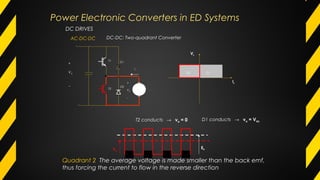 Q1Q2
Va
Ia
T1
T2
D1
+
Va
-
D2
ia
+
Vdc
−
T2 conducts → va = 0
Va
Eb
D1 conducts → va = Vdc
Quadrant 2 The average voltage is made smaller than the back emf,
thus forcing the current to flow in the reverse direction
DC DRIVES
AC-DC-DC DC-DC: Two-quadrant Converter
Power Electronic Converters in ED Systems
 