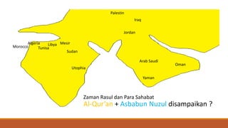 Algeria
Morocco Tunisa
MesirLibya
Sudan
Utophia
Arab Saudi
Yaman
Oman
Palestin
Iraq
Jordan
Al-Qur’an + Asbabun Nuzul disampaikan ?
Zaman Rasul dan Para Sahabat
 