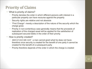 Priority of Claims What is priority of claims? Priority denotes the order in which different persons with interest in a particular property can have recourse against the property Security rights are relative and not absolute “ First Charge”- merely a description of the nature of the security which the charge gives Priority in non-contentious case generally means that the proceeds of realization of the charged asset will be applied for the satisfaction of subsequent secured debts in the order of their priority  How is priority created? nemo dat quad non habet -  a man cannot grant what he does not have- therefore once security is created for the benefit of one party it cannot be created for the benefit of a subsequent party Priority therefore depends of the order in which the charge is created 