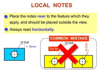 LOCAL NOTES
Place the notes near to the feature which they
apply, and should be placed outside the view.
Always read horizontally.
10 Drill
COMMON MISTAKE
10 Drill
≈ 10mm
10Drill
Too far
 