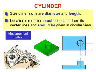 CYLINDER
Size dimensions are diameter and length.
Measurement
method
Location dimension must be located from its
center lines and should be given in circular view.
 