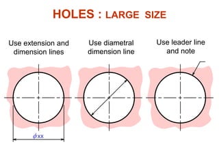  xx
Use extension and
dimension lines
Use diametral
dimension line
Use leader line
and note
HOLES : LARGE SIZE
 