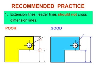 1. Extension lines, leader lines should not cross
dimension lines.
POOR GOOD
RECOMMENDED PRACTICE
 
