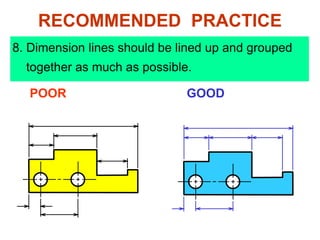 8. Dimension lines should be lined up and grouped
together as much as possible.
POOR GOOD
RECOMMENDED PRACTICE
 