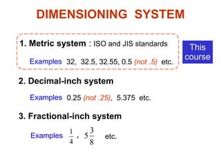 DIMENSIONING SYSTEM
4
1
1. Metric system : ISO and JIS standards
2. Decimal-inch system
3. Fractional-inch system
8
3
5,
0.25 (not .25), 5.375 etc.Examples
Examples
32, 32.5, 32.55, 0.5 (not .5) etc.Examples
etc.
This
course
 
