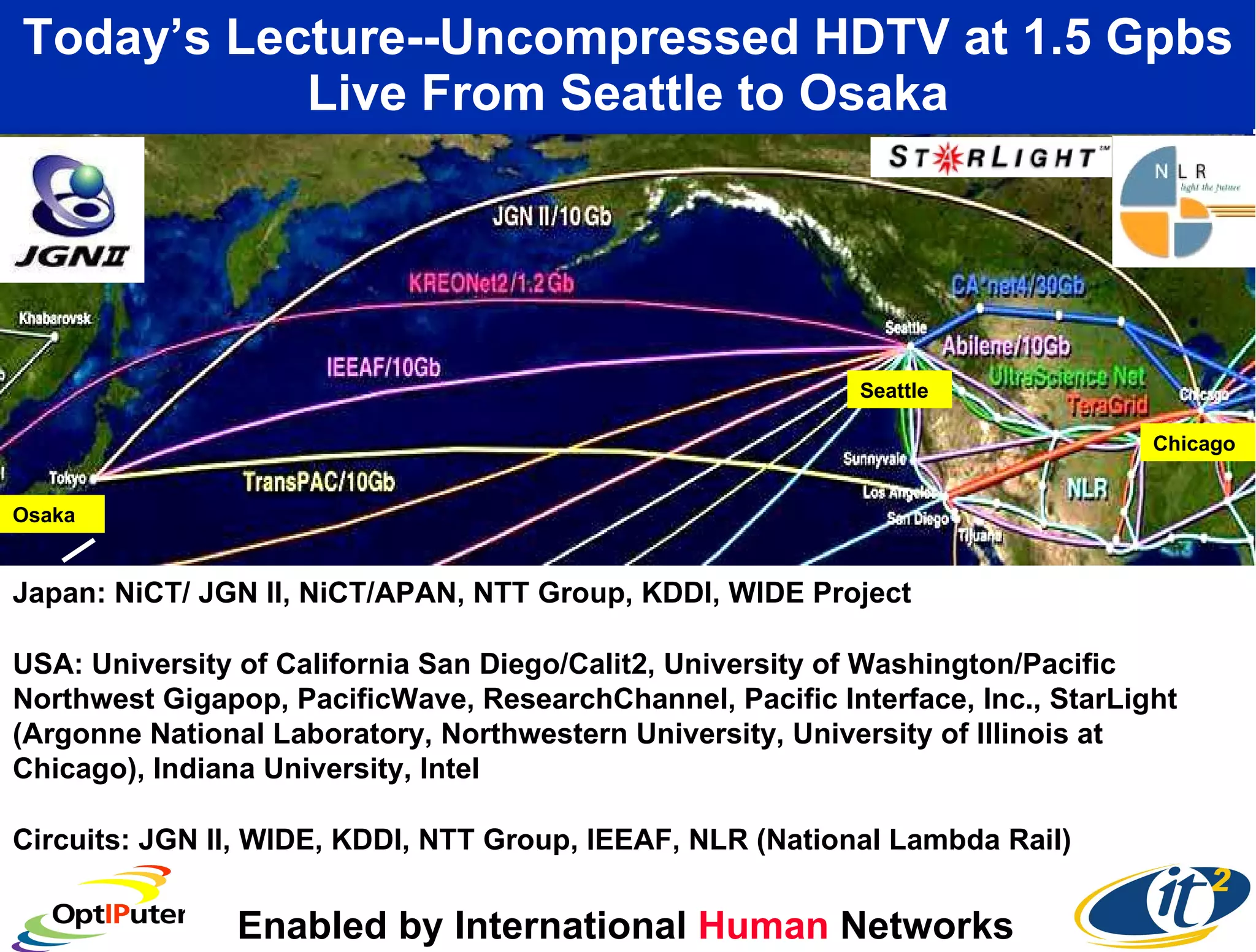 Today’s Lecture--Uncompressed HDTV at 1.5 Gpbs Live From Seattle to Osaka Osaka Seattle Chicago Japan: NiCT/ JGN II, NiCT/APAN, NTT Group, KDDI, WIDE Project USA: University of California San Diego/Calit2, University of Washington/Pacific Northwest Gigapop, PacificWave, ResearchChannel, Pacific Interface, Inc., StarLight (Argonne National Laboratory, Northwestern University, University of Illinois at Chicago), Indiana University, Intel Circuits: JGN II, WIDE, KDDI, NTT Group, IEEAF, NLR (National Lambda Rail) Enabled by International  Human  Networks 