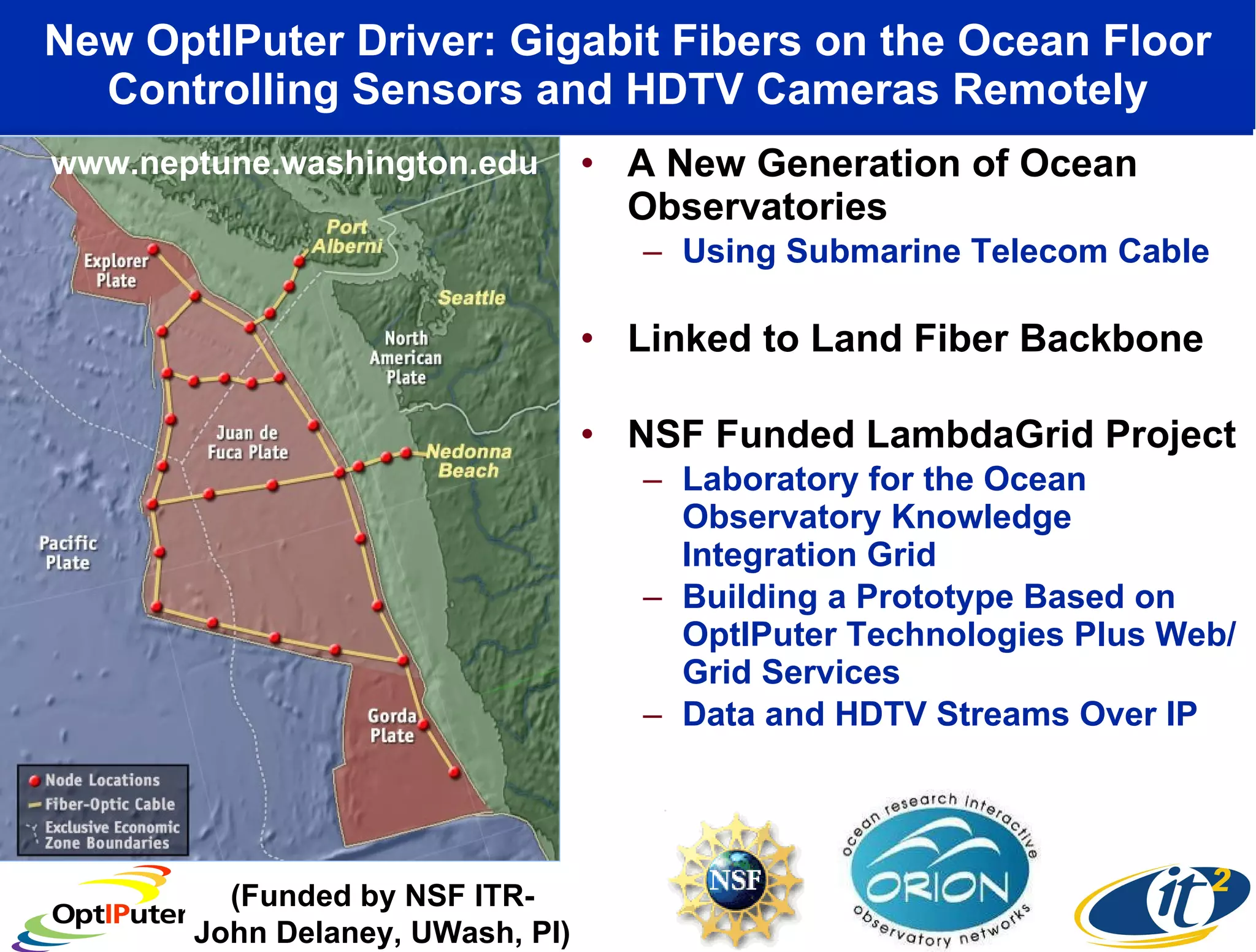 New OptIPuter Driver: Gigabit Fibers on the Ocean Floor Controlling Sensors and HDTV Cameras Remotely A New Generation of Ocean Observatories Using Submarine Telecom Cable Linked to Land Fiber Backbone NSF Funded LambdaGrid Project Laboratory for the Ocean Observatory Knowledge Integration Grid Building a Prototype Based on OptIPuter Technologies Plus Web/Grid Services Data and HDTV Streams Over IP www.neptune.washington.edu (Funded by NSF ITR- John Delaney, UWash, PI) 