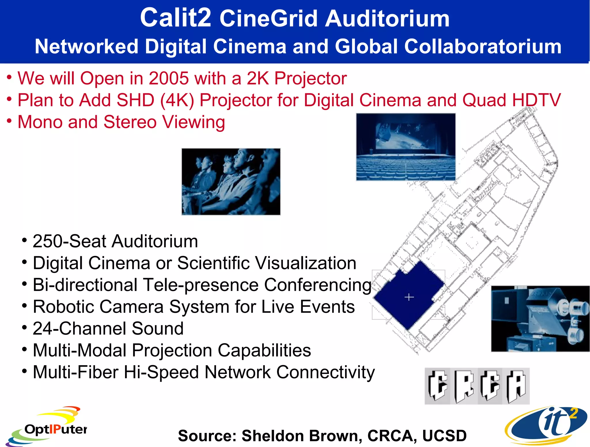 Calit2  CineGrid Auditorium   Networked Digital Cinema and Global Collaboratorium 250-Seat Auditorium Digital Cinema or Scientific Visualization  Bi-directional Tele-presence Conferencing Robotic Camera System for Live Events  24-Channel Sound  Multi-Modal Projection Capabilities Multi-Fiber Hi-Speed Network Connectivity Source: Sheldon Brown, CRCA, UCSD We will Open in 2005 with a 2K Projector Plan to Add SHD (4K) Projector for Digital Cinema and Quad HDTV Mono and Stereo Viewing 