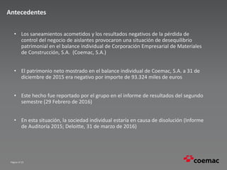 Página nº 25
Antecedentes
• Los saneamientos acometidos y los resultados negativos de la pérdida de
control del negocio de aislantes provocaron una situación de desequilibrio
patrimonial en el balance individual de Corporación Empresarial de Materiales
de Construcción, S.A. (Coemac, S.A.)
• El patrimonio neto mostrado en el balance individual de Coemac, S.A. a 31 de
diciembre de 2015 era negativo por importe de 93.324 miles de euros
• Este hecho fue reportado por el grupo en el informe de resultados del segundo
semestre (29 Febrero de 2016)
• En esta situación, la sociedad individual estaría en causa de disolución (Informe
de Auditoría 2015; Deloitte, 31 de marzo de 2016)
 
