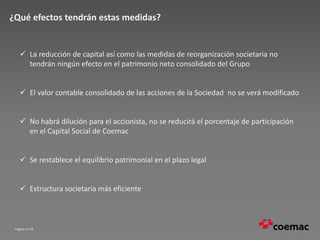 Página nº 28
¿Qué efectos tendrán estas medidas?
 La reducción de capital así como las medidas de reorganización societaria no
tendrán ningún efecto en el patrimonio neto consolidado del Grupo
 El valor contable consolidado de las acciones de la Sociedad no se verá modificado
 No habrá dilución para el accionista, no se reducirá el porcentaje de participación
en el Capital Social de Coemac
 Se restablece el equilibrio patrimonial en el plazo legal
 Estructura societaria más eficiente
 
