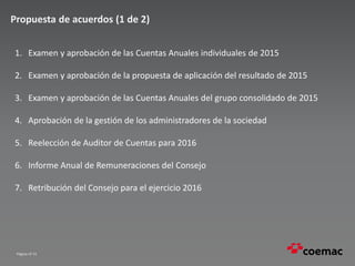 Página nº 31
Propuesta de acuerdos (1 de 2)
1. Examen y aprobación de las Cuentas Anuales individuales de 2015
2. Examen y aprobación de la propuesta de aplicación del resultado de 2015
3. Examen y aprobación de las Cuentas Anuales del grupo consolidado de 2015
4. Aprobación de la gestión de los administradores de la sociedad
5. Reelección de Auditor de Cuentas para 2016
6. Informe Anual de Remuneraciones del Consejo
7. Retribución del Consejo para el ejercicio 2016
 