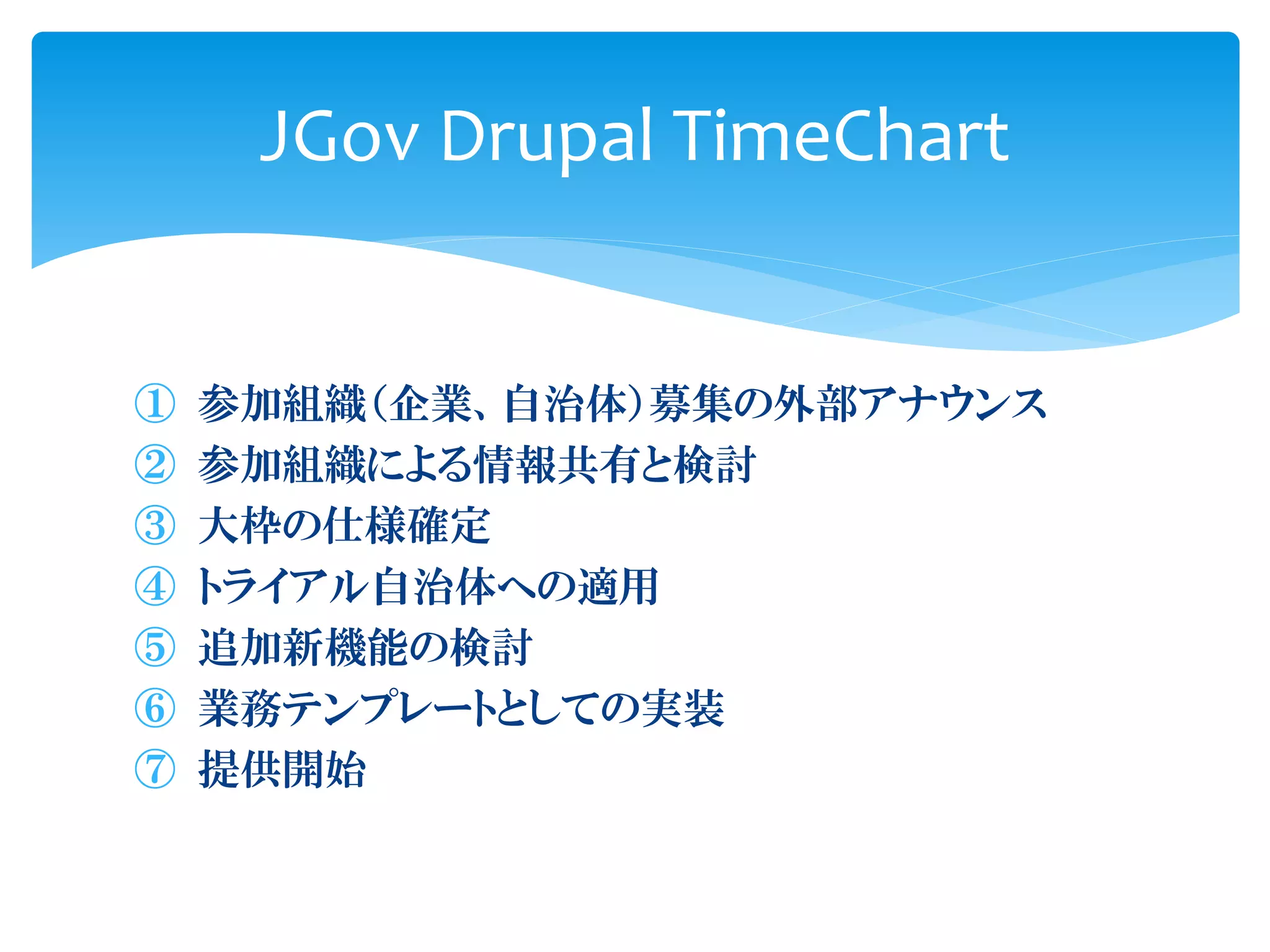 ① 参加組織（企業、自治体）募集の外部アナウンス
② 参加組織による情報共有と検討
③ 大枠の仕様確定
④ トライアル自治体への適用
⑤ 追加新機能の検討
⑥ 業務テンプレートとしての実装
⑦ 提供開始
JGov Drupal TimeChart
 