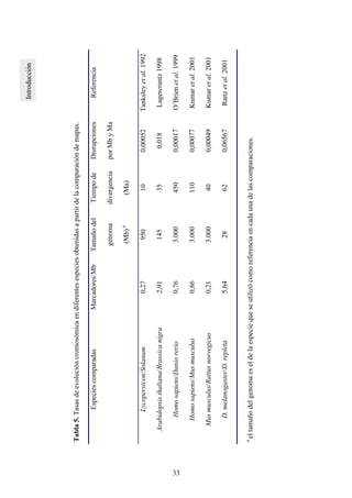 33
Tabla5.Tasasdeevolucióncromosómicaendiferentesespeciesobtenidasapartirdelacomparacióndemapas.
EspeciescomparadasMarcadores/MbTamañodel
genoma
(Mb)a
Tiempode
divergencia
(Ma)
Disrupciones
porMbyMa
Referencia
Lycopersicon/Solanum0,27950100,00052Tanksleyetal.1992
Arabidopsisthaliana/Brassicanigra2,91145350,018Lagercrantz1998
Homosapiens/Daniorerio0,763.0004500,00017O´Brienetal.1999
Homosapiens/Musmusculus0,863.0001100,00077Kumaretal.2001
Musmusculus/Rattusnorvegicus0,213.000400,00049Kumaretal.2001
D.melanogaster/D.repleta5,6428620,06567Ranzetal.2001
a
eltamañodelgenomaeseldelaespeciequeseutilizócomoreferenciaencadaunadelascomparaciones.
 
