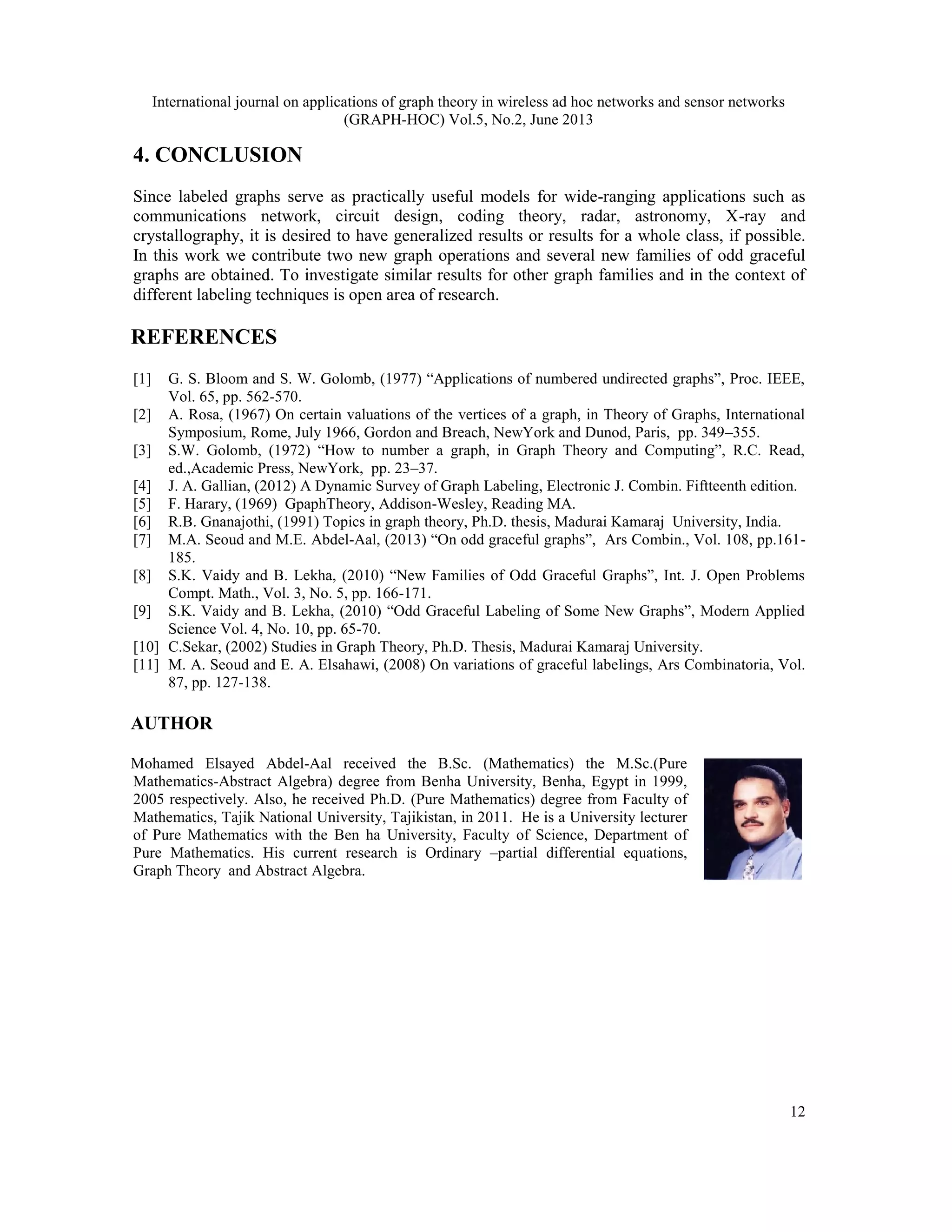 International journal on applications of graph theory in wireless ad hoc networks and sensor networks
(GRAPH-HOC) Vol.5, No.2, June 2013
12
4. CONCLUSION
Since labeled graphs serve as practically useful models for wide-ranging applications such as
communications network, circuit design, coding theory, radar, astronomy, X-ray and
crystallography, it is desired to have generalized results or results for a whole class, if possible.
In this work we contribute two new graph operations and several new families of odd graceful
graphs are obtained. To investigate similar results for other graph families and in the context of
different labeling techniques is open area of research.
REFERENCES
[1] G. S. Bloom and S. W. Golomb, (1977) “Applications of numbered undirected graphs”, Proc. IEEE,
Vol. 65, pp. 562-570.
[2] A. Rosa, (1967) On certain valuations of the vertices of a graph, in Theory of Graphs, International
Symposium, Rome, July 1966, Gordon and Breach, NewYork and Dunod, Paris, pp. 349–355.
[3] S.W. Golomb, (1972) “How to number a graph, in Graph Theory and Computing”, R.C. Read,
ed.,Academic Press, NewYork, pp. 23–37.
[4] J. A. Gallian, (2012) A Dynamic Survey of Graph Labeling, Electronic J. Combin. Fiftteenth edition.
[5] F. Harary, (1969) GpaphTheory, Addison-Wesley, Reading MA.
[6] R.B. Gnanajothi, (1991) Topics in graph theory, Ph.D. thesis, Madurai Kamaraj University, India.
[7] M.A. Seoud and M.E. Abdel-Aal, (2013) “On odd graceful graphs”, Ars Combin., Vol. 108, pp.161-
185.
[8] S.K. Vaidy and B. Lekha, (2010) “New Families of Odd Graceful Graphs”, Int. J. Open Problems
Compt. Math., Vol. 3, No. 5, pp. 166-171.
[9] S.K. Vaidy and B. Lekha, (2010) “Odd Graceful Labeling of Some New Graphs”, Modern Applied
Science Vol. 4, No. 10, pp. 65-70.
[10] C.Sekar, (2002) Studies in Graph Theory, Ph.D. Thesis, Madurai Kamaraj University.
[11] M. A. Seoud and E. A. Elsahawi, (2008) On variations of graceful labelings, Ars Combinatoria, Vol.
87, pp. 127-138.
AUTHOR
Mohamed Elsayed Abdel-Aal received the B.Sc. (Mathematics) the M.Sc.(Pure
Mathematics-Abstract Algebra) degree from Benha University, Benha, Egypt in 1999,
2005 respectively. Also, he received Ph.D. (Pure Mathematics) degree from Faculty of
Mathematics, Tajik National University, Tajikistan, in 2011. He is a University lecturer
of Pure Mathematics with the Ben ha University, Faculty of Science, Department of
Pure Mathematics. His current research is Ordinary –partial differential equations,
Graph Theory and Abstract Algebra.
 