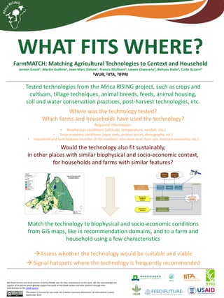 FarmMATCH: Matching Agricultural Technologies to Context and Household
Jeroen Groot1, Martin Guthrie1, Jean-Marc Delore1, Francis Muthoni2, Lieven Claessens2, Beliyou Haile3, Carlo Azzarri3
1WUR, 2IITA, 3IFPRI
This poster is licensed for use under the Creative Commons Attribution 4.0 International Licence.
September 2019
We thank farmers and local partners in Africa RISING sites for their contributions to this work. We also acknowledge the
support of all donors which globally support the work of the CGIAR centers and their partners through their
contributions to the CGIAR system
Tested technologies from the Africa RISING project, such as crops and
cultivars, tillage techniques, animal breeds, feeds, animal housing,
soil and water conservation practices, post-harvest technologies, etc.
Where was the technology tested?
Which farms and households have used the technology?
Required information:
• Biophysical conditions (altitude, temperature, rainfall, etc.)
• Socio-economic conditions (input costs, product prices, demography, etc.)
• Household and farm features (number of HH members, education level, farm size, livestock ownership, etc.)
Would the technology also fit sustainably,
in other places with similar biophysical and socio-economic context,
for households and farms with similar features?
Match the technology to biophysical and socio-economic conditions
from GIS maps, like in recommendation domains, and to a farm and
household using a few characteristics
Assess whether the technology would be suitable and viable
 Signal hotspots where the technology is frequently recommended
 