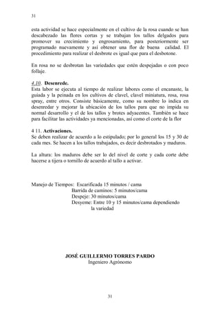 31


esta actividad se hace especialmente en el cultivo de la rosa cuando se han
descabezado las flores cortas y se trabajan los tallos delgados para
promover su crecimiento y engrosamiento, para posteriormente ser
programado nuevamente y así obtener una flor de buena calidad. El
procedimiento para realizar el desbrote es igual que para el desbotone.

En rosa no se desbrotan las variedades que estén despejadas o con poco
follaje.

4.10. Desenrede.
Esta labor se ejecuta al tiempo de realizar labores como el encanaste, la
guiada y la peinada en los cultivos de clavel, clavel miniatura, rosa, rosa
spray, entre otros. Consiste básicamente, como su nombre lo indica en
desenredar y mejorar la ubicación de los tallos para que no impida su
normal desarrollo y el de los tallos y brotes adyacentes. También se hace
para facilitar las actividades ya mencionadas, así como el corte de la flor

4 11. Activaciones.
Se deben realizar de acuerdo a lo estipulado; por lo general los 15 y 30 de
cada mes. Se hacen a los tallos trabajados, es decir desbrotados y maduros.

La altura: los maduros debe ser lo del nivel de corte y cada corte debe
hacerse a tijera o tornillo de acuerdo al tallo a activar.



Manejo de Tiempos: Escarificada 15 minutos / cama
                Barrida de caminos: 5 minutos/cama
                Despeje: 30 minutos/cama
                Desyeme: Entre 10 y 15 minutos/cama dependiendo
                          la variedad




                JOSÉ GUILLERMO TORRES PARDO
                       Ingeniero Agrónomo




                                    31
 