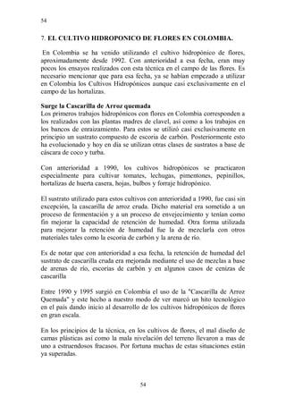 54


7. EL CULTIVO HIDROPONICO DE FLORES EN COLOMBIA.

En Colombia se ha venido utilizando el cultivo hidropónico de flores,
aproximadamente desde 1992. Con anterioridad a esa fecha, eran muy
pocos los ensayos realizados con esta técnica en el campo de las flores. Es
necesario mencionar que para esa fecha, ya se habían empezado a utilizar
en Colombia los Cultivos Hidropónicos aunque casi exclusivamente en el
campo de las hortalizas.

Surge la Cascarilla de Arroz quemada
Los primeros trabajos hidropónicos con flores en Colombia corresponden a
los realizados con las plantas madres de clavel, así como a los trabajos en
los bancos de enraizamiento. Para estos se utilizó casi exclusivamente en
principio un sustrato compuesto de escoria de carbón. Posteriormente esto
ha evolucionado y hoy en día se utilizan otras clases de sustratos a base de
cáscara de coco y turba.

Con anterioridad a 1990, los cultivos hidropónicos se practicaron
especialmente para cultivar tomates, lechugas, pimentones, pepinillos,
hortalizas de huerta casera, hojas, bulbos y forraje hidropónico.

El sustrato utilizado para estos cultivos con anterioridad a 1990, fue casi sin
excepción, la cascarilla de arroz cruda. Dicho material era sometido a un
proceso de fermentación y a un proceso de envejecimiento y tenían como
fin mejorar la capacidad de retención de humedad. Otra forma utilizada
para mejorar la retención de humedad fue la de mezclarla con otros
materiales tales como la escoria de carbón y la arena de río.

Es de notar que con anterioridad a esa fecha, la retención de humedad del
sustrato de cascarilla cruda era mejorada mediante el uso de mezclas a base
de arenas de río, escorias de carbón y en algunos casos de cenizas de
cascarilla

Entre 1990 y 1995 surgió en Colombia el uso de la "Cascarilla de Arroz
Quemada" y este hecho a nuestro modo de ver marcó un hito tecnológico
en el país dando inicio al desarrollo de los cultivos hidropónicos de flores
en gran escala.

En los principios de la técnica, en los cultivos de flores, el mal diseño de
camas plásticas así como la mala nivelación del terreno llevaron a mas de
uno a estruendosos fracasos. Por fortuna muchas de estas situaciones están
ya superadas.



                                      54
 