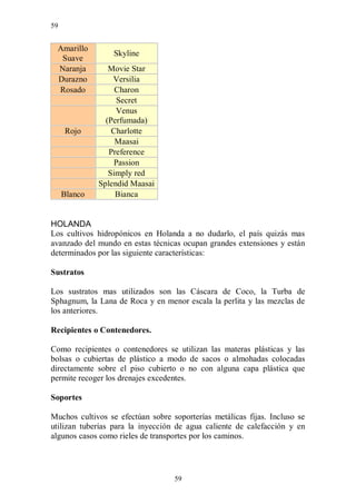 59


 Amarillo
                  Skyline
  Suave
 Naranja         Movie Star
 Durazno          Versilia
 Rosado            Charon
                   Secret
                   Venus
                (Perfumada)
     Rojo         Charlotte
                   Maasai
                 Preference
                  Passion
                 Simply red
              Splendid Maasai
     Blanco        Bianca


HOLANDA
Los cultivos hidropónicos en Holanda a no dudarlo, el país quizás mas
avanzado del mundo en estas técnicas ocupan grandes extensiones y están
determinados por las siguiente características:

Sustratos

Los sustratos mas utilizados son las Cáscara de Coco, la Turba de
Sphagnum, la Lana de Roca y en menor escala la perlita y las mezclas de
los anteriores.

Recipientes o Contenedores.

Como recipientes o contenedores se utilizan las materas plásticas y las
bolsas o cubiertas de plástico a modo de sacos o almohadas colocadas
directamente sobre el piso cubierto o no con alguna capa plástica que
permite recoger los drenajes excedentes.

Soportes

Muchos cultivos se efectúan sobre soporterías metálicas fijas. Incluso se
utilizan tuberías para la inyección de agua caliente de calefacción y en
algunos casos como rieles de transportes por los caminos.




                                   59
 
