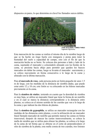 8


dispuestos en pares, lo que determina en clavel los llamados surcos dobles.




                                                    JOSÉ GUILLERMO TORRES PARDO
                                                    Ingeniero Agrónomo


Esta marcación de las camas se realiza el mismo día de la siembra luego de
que se ha hecho un riego fuerte con manguera y poma para tener la
humedad del suelo a capacidad de campo, esto con el fin de que la
marcación hecha no se borre. Se colocan dos personas a lado y lado de la
cama, sujetando el marcador y colocándolo alineado con los bordes de la
cama, se presiona hacia abajo para permitir que queden los huecos
marcados sin dañar las camas, luego se levanta el marcador suavemente y
se coloca nuevamente en forma consecutiva a lo largo de la cama y
alineado con la última marcación.

Para el marcado de rosa, cada persona porta un listón pequeño de unos 1.5
m de largo, con las medidas de la distancia de siembra dadas, que puede
estar entre 12 y 18 cm; este listón se va colocando en las hileras marcadas
previamente en la cama.

Para la siembra de statice, teniendo en cuenta que la densidad de siembra
es muy baja, se utiliza un marcador lineal que tiene la forma de un rastrillo
y en el cual se marca la distancia correspondiente a la distancia entre
plantas, se coloca en el mismo sentido de las cuerdas que van a lo largo de
la cama y que indican las dos hileras de plantas.

Para la siembra de gypsophila, se utiliza un marcador rectangular con las
medidas de las distancias entre plantas, o con la utilización de un marcador
lineal llamado marcador de rastrillo que permite marcar las camas en forma
transversal; después de marcar las camas transversalmente, se coloca la
malla de siembra que se utiliza para alinear las plantas, se coloca a lo largo
de la cama de tal forma que se obtiene en el corte de perpendiculares el
sitio de siembra de la planta; esta malla consta de tres cuerdas, tres listones

                                      8
 