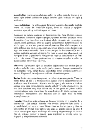 Vermiculita: es mica expandida con calor. Se utiliza para dar textura a las
tierras que drenan demasiado porque absorbe gran cantidad de agua y
nutrientes.

Rocas volcánicas : Se utilizan para dar mejor drenaje a la mezcla, también
airean las raíces. Su superficie rugosa, llena de huecos y agujeros,
almacena agua, aire y nutrientes para las raíces.

Compost: es materia orgánica en descomposición. Para fabricar compost
se amontona la materia orgánica (hojas y plantas muertas, estiércol, restos
de comida…), se humedece y se le añade algún elemento alto en nitrógeno
(guano, orina, gallinaza) antes de dejarlo descomponer durante un año. Se
puede tapar con una lona para acelerar el proceso. Si se añade compost a la
tierra antes de que se descomponga bien, robará el nitrógeno a las raíces en
lugar de proporcionárselo. Esto ocurre porque la descomposición de la
materia orgánica requiere nitrógeno. Un buen signo de que el compost está
listo para usarse y que liberará nitrógeno en lugar de consumirlo es un fértil
y rico color oscuro. El compost contiene en ocasiones muchas semillas de
malas hierbas o huevos de insectos.

Estiércol: Hay muchos tipos de estiércol, dependiendo del animal que los
produce: caballo, vaca, oveja, cerdo, pollo, paloma. Aunque su contenido
en nutrientes varía, tienen buenas cualidades como acondicionadores del
terreno. En general, es mejor usar estiércol bien descompuesto.

Turba: La turba es materia orgánica parcialmente descompuesta. Viene de
zonas donde el frío y la humedad han logrado que la descomposición se
produzca muy lentamente. Absorbe mucha agua y da textura a la tierra
aunque si se seca completamente resulta difícil volverla a humedecer. En
ese caso funciona muy bien añadir dos o tres gotas de jabón líquido
concentrado por cada cinco litros de agua de riego. El jabón contiene unos
compuestos humectantes que facilitan que el agua moje la tierra
homogéneamente.

Escoria: El sustrato más utilizado en bancos, consiste en el residuo de la
combustión del carbón mineral, con buenas características como la
permeabilidad y el menor costo. Como viene de forma gruesa y fina, se
acostumbra en primer lugar aplicar una capa de escoria gruesa de unos 5
cm de espesor para lograr un drenaje adecuado y luego una capa de escoria
fina del mismo espesor o mayor para mantener la presión sobre los
esquejes y una permanente humedad.




                                                                           17
 