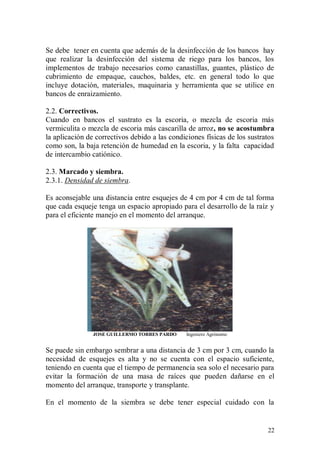 Se debe tener en cuenta que además de la desinfección de los bancos hay
que realizar la desinfección del sistema de riego para los bancos, los
implementos de trabajo necesarios como canastillas, guantes, plástico de
cubrimiento de empaque, cauchos, baldes, etc. en general todo lo que
incluye dotación, materiales, maquinaria y herramienta que se utilice en
bancos de enraizamiento.

2.2. Correctivos.
Cuando en bancos el sustrato es la escoria, o mezcla de escoria más
vermiculita o mezcla de escoria más cascarilla de arroz, no se acostumbra
la aplicación de correctivos debido a las condiciones físicas de los sustratos
como son, la baja retención de humedad en la escoria, y la falta capacidad
de intercambio catiónico.

2.3. Marcado y siembra.
2.3.1. Densidad de siembra.

Es aconsejable una distancia entre esquejes de 4 cm por 4 cm de tal forma
que cada esqueje tenga un espacio apropiado para el desarrollo de la raíz y
para el eficiente manejo en el momento del arranque.




                JOSE GUILLERMO TORRES PARDO     Ingeniero Agrónomo


Se puede sin embargo sembrar a una distancia de 3 cm por 3 cm, cuando la
necesidad de esquejes es alta y no se cuenta con el espacio suficiente,
teniendo en cuenta que el tiempo de permanencia sea solo el necesario para
evitar la formación de una masa de raíces que pueden dañarse en el
momento del arranque, transporte y transplante.

En el momento de la siembra se debe tener especial cuidado con la


                                                                           22
 