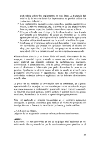 pudiéndose utilizar los implementos en otras áreas. A diferencia del
     cultivo de la rosa en donde los implementos se pueden utilizar en
     varias áreas del cultivo.
    Los implementos manuales como canastillas, guantes, recipientes o
     baldes, aspersoras manuales, etc., sí deben ser de uso exclusivo para
     bancos y con su respectiva desinfección cada vez que se utilicen.
    El agua utilizada para el riego y la fertilización debe estar tratada
     previamente con hipoclorito de calcio en promedio de 10 ppm
     (partes por millón), por seguridad en la desinfección del agua y con
     la posible utilización de correctivos de acuerdo al análisis de aguas.
    Establecer un programa de aplicación de fungicidas y si es necesario
     de insecticidas que pueden ser aplicados mediante el sistema de
     riego, por aspersión, o por drench; este programa es establecido de
     acuerdo al criterio y experiencia del ingeniero agrónomo encargado.

Observaciones directas y en forma diaria del estado fitosanitario de los
esquejes, o material vegetal, teniendo en cuenta que se debe retirar todo
aquel material que presente síntomas de deshidratación, pudrición,
decoloración o amarillamiento, con la debida precaución de enviar el
material eliminado al laboratorio para poder determinar la causa de su
pérdida. Igualmente se deberá marcar el sitio de donde se arrancó, para
posteriores observaciones y seguimiento. Todas las observaciones y
actividades realizadas deben ser registradas en los informes fitosanitarios
establecidos.

A pesar de las medidas de prevención que se establecen, en algunas
oportunidades los esquejes se ven atacados por varias especies de plagas
que mencionaremos a continuación; igualmente para el respectivo control,
se recurrirá al control químico, control cultural y control físico en algunas
ocasiones, determinado de acuerdo al tipo de fitopatógeno presente.

Una vez realizado el informe fitosanitario es el ingeniero agrónomo
encargado, la persona autorizada para realizar el respectivo programa de
fumigación con la frecuencia, rotación de productos, y dosis a utilizar.

2.4.1. Clases de plagas.
Algunas de las plagas más comunes en bancos de enraizamiento son:

Acaros.
Los ácaros, se han convertido en una de las plagas más frecuentes en los
cultivos de flores y una de las que ha ocasionado mayores pérdidas en el



                                                                          24
 