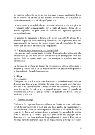 los tiempos y duración de los riegos, la mayor o menor ventilación dentro
de los bancos, el diseño de los mismos invernaderos, la utilización de
sustancias preventivas contra fitopatógenos, etc.

La temperatura y humedad relativa están determinadas por la precipitación
y radiación solar, especialmente, por lo tanto el manejo dentro de los
bancos dependerá en gran parte del criterio del ingeniero agrónomo
encargado del área.

En general, la frecuencia y duración del riego, depende del clima, de la
edad del esqueje en enraizamiento y del sustrato. No es prudente hacer una
recomendación de tiempos de riego a menos que el controlador de riego
cuente con un sensor de humedad y temperatura.

2.8.2. Control de la iluminación y la luminosidad.
Los esquejes en el enraizamiento necesitan de completa luz solar o sea, alta
luminosidad, ya que hace que el crecimiento y la propagación sean más
rápidos. Esto no quiere decir que los esquejes no enraízan con baja
luminosidad.

La iluminación artificial en bancos de enraizamiento sólo se utiliza para el
pompón, y se hace con el fin de impedir la floración precoz de las plantas o
la formación del llamado botón corona.

3. Riego.
3.1. Concepto.
El riego es una práctica indispensable durante el periodo de enraizamiento,
debido a que los esquejes necesitan de agua libre presente sobre las hojas
para evitar su deshidratación y poder absorber los nutrientes, mientras no
haya formación de raíces y en general durante todo el periodo de
enraizamiento debido a que el sustrato no permite una buena toma de
nutrientes por la raíz.

3.2. Sistemas de riego.

El sistema de riego comúnmente utilizado en bancos de enraizamiento es
por el de microaspersión ó mist, con una línea central de microaspersores
en cada banco y con los microaspersores ubicados a distancia de 40 cm
entre sí. Al Inicio del enraizamiento se colocan 16 segundos de neblina
cada 4 minutos y a medida que van enraizando los esquejes se va
disminuyendo esta duración hasta 8 segundos cada 4 minutos. Este sistema
de riego permite mantener agua en las hojas durante el tiempo necesario,


                                                                         38
 