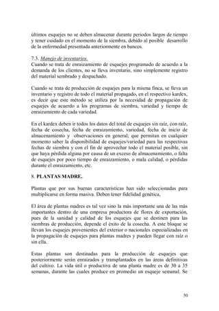 últimos esquejes no se deben almacenar durante periodos largos de tiempo
y tener cuidado en el momento de la siembra, debido al posible desarrollo
de la enfermedad presentada anteriormente en bancos.

7.3. Manejo de inventarios.
Cuando se trata de enraizamiento de esquejes programado de acuerdo a la
demanda de los clientes, no se lleva inventario, sino simplemente registro
del material sembrado y despachado.

Cuando se trata de producción de esquejes para la misma finca, se lleva un
inventario y registro de todo el material propagado, en el respectivo kardex,
es decir que este método se utiliza por la necesidad de propagación de
esquejes de acuerdo a los programas de siembra, variedad y tiempo de
enraizamiento de cada variedad.

En el kardex deben ir todos los datos del total de esquejes sin raíz, con raíz,
fecha de cosecha, fecha de enraizamiento, variedad, fecha de inicio de
almacenamiento y observaciones en general; que permitan en cualquier
momento saber la disponibilidad de esquejes/variedad para las respectivas
fechas de siembra y con el fin de aprovechar todo el material posible, sin
que haya pérdida alguna por causa de un exceso de almacenamiento, o falta
de esquejes por poco tiempo de enraizamiento, o mala calidad, o pérdidas
durante el enraizamiento, etc.

8. PLANTAS MADRE.

Plantas que por sus buenas características han sido seleccionadas para
multiplicarse en forma masiva. Deben tener fidelidad genética,

El área de plantas madres es tal vez sino la más importante una de las más
importantes dentro de una empresa productora de flores de exportación,
pues de la sanidad y calidad de los esquejes que se destinen para las
siembras de producción, depende el éxito de la cosecha. A este bloque se
llevan los esquejes provenientes del exterior o nacionales especializadas en
la propagación de esquejes para plantas madres y pueden llegar con raíz o
sin ella.

Estas plantas son destinadas para la producción de esquejes que
posteriormente serán enraizados y transplantados en las áreas definitivas
del cultivo. La vida útil o productiva de una planta madre es de 30 a 35
semanas, durante las cuales produce en promedio un esqueje semanal. Se



                                                                            50
 