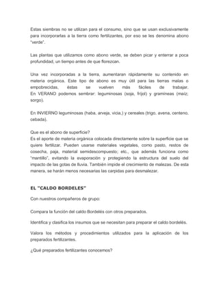 Estas siembras no se utilizan para el consumo, sino que se usan exclusivamente
para incorporarlas a la tierra como fertilizantes, por eso se les denomina abono
“verde”.


Las plantas que utilizamos como abono verde, se deben picar y enterrar a poca
profundidad, un tiempo antes de que florezcan.


Una vez incorporadas a la tierra, aumentaran rápidamente su contenido en
materia orgánica. Este tipo de abono es muy útil para las tierras malas o
empobrecidas,     éstas    se   vuelven    más    fáciles   de    trabajar.
En VERANO podemos sembrar: leguminosas (soja, fríjol) y gramíneas (maíz;
sorgo).


En INVIERNO leguminosas (haba, arveja, vicia,) y cereales (trigo, avena, centeno,
cebada).


Que es el abono de superficie?
Es el aporte de materia orgánica colocada directamente sobre la superficie que se
quiere fertilizar. Pueden usarse materiales vegetales, como pasto, restos de
cosecha, paja, material semidescompuesto; etc., que además funciona como
“mantillo”, evitando la evaporación y protegiendo la estructura del suelo del
impacto de las gotas de lluvia. También impide el crecimiento de malezas. De esta
manera, se harán menos necesarias las carpidas para desmalezar.



EL “CALDO BORDELES”

Con nuestros compañeros de grupo:


Compara la función del caldo Bordelés con otros preparados.

Identifica y clasifica los insumos que se necesitan para preparar el caldo bordelés.

Valora los métodos y procedimientos utilizados para la aplicación de los
preparados fertilizantes.

¿Qué preparados fertilizantes conocemos?
 