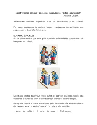 ¡Destruyan los campos y conserven las ciudades, y éstas sucumbirán!”
                                                               Abraham Lincoln.


Sustentemos     nuestras   respuestas    ante   los   compañeros       y     el   profesor.


Por grupo: Analizamos la siguiente lectura y realizamos las actividades que
proponen en el desarrollo de la misma.

EL CALDO BORDELES
Es un caldo mineral que sirve para controlar enfermedades ocasionadas por
hongos en los cultivos.




En el balde plástico disuelva un kilo de sulfato de cobre en diez litros de agua tibia
o caliente. El sulfato de cobre lo disuelve mejor cuando se caliente el agua.

En algunos cultivos lo puede aplicar puro, pero en otros lo más recomendable es
disolverlo en agua, para evitar “quemar” los cultivos más sensibles.

1 parte    de    caldo +    1   parte    de agua      =   fríjol, repollo.
 