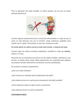 Para la aplicación del caldo bordelés no utilice equipos con los que se hayan
aplicado agrotóxicos.




Cuando haga las aplicaciones para el control de enfermedades, lo mejor es que el
suelo no este desnudo sino por el contrario, tenga coberturas vegetales para
impedir que el “goteo” del producto, lo que cae, intoxique el suelo.

No olvide aplicar los caldos cuando el suelo esté húmedo, o después del riego.

Cuando utilice los caldos minerales (sulfacálcico, bordelés) lo mejor es rotarlos,
cada 8 a 15 días.

Recuerde que es importante que para el uso de caldos bordelés, sulfocálcico y los
purines, no existen dosis únicas. Debe experimentar con creatividad para elaborar
sus propios controles alternativos combinando muchas posibilidades.

De acuerdo a la lectura respondemos.

¿Qué es el caldo bordelés?.


¿Qué insumos se necesitan para la elaboración del caldo?.


¿Qué debemos tener en cuenta para la preparación del caldo bordelés?


¿Cómo debemos utilizar el caldo cuando ya esté listo?


¿Qué debemos tener en cuenta al aplicarlo?

EXPERIMENTEMOS
 