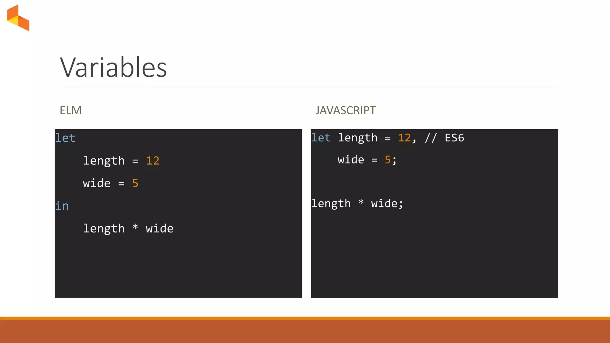 Variables
ELM
let
length = 12
wide = 5
in
length * wide
JAVASCRIPT
let length = 12, // ES6
wide = 5;
length * wide;
 