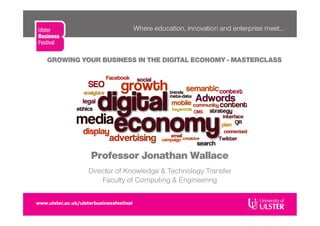 GROWING YOUR BUSINESS IN THE DIGITAL ECONOMY - MASTERCLASS
Professor Jonathan Wallace
Director of Knowledge & Technology Transfer
Faculty of Computing & Engineering
 