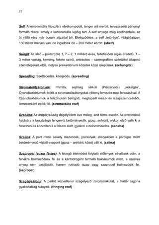 Self: A kontinentális litoszféra elvékonyodott, tenger alá merült, teraszszerű párkányt
formáló része, amely a kontinentális lejtőig tart. A self anyaga még kontinentális, az
őt váltő rész már óceáni aljzattal bír. Elvégződése, a self „letörése”, világátlagban
130 méter mélyen van, de ingadozik 80 – 200 méter között. (shelf)
Sungit: Az alsó – proterozós 1, 7 – 2, 1 milliárd éves, feltehetően algás eredetű, 1 –
3 méter vastag, kemény, fekete színű, antracitos – szemigrafitos szénülési állapotú
széntelepeket jelöli, melyek prekambriumi kőzetek közé települnek. (schungite)
Spreading: Szétterjedés, kiterjedés. (spreading)
Stromatolitzátonyok: Primitív, sejtmag nélküli (Procaryota) „kékalgák”,
Cyanobaktériumok építik a stromatolitzátonyokat vékony lemezek napi lerakásával. A
Cyanobaktériumok a felszínükön befogott, megtapadt mész- és iszapszemcsékből,
lemezenként építik fel. (stromatolite reef)
Szabkha: Az árapálysíkság dagályfeletti öve meleg, arid klíma esetén. Az evaporáció
hatására a beszivárgó tengervíz betöményedik, gipsz, anhidrit, olykor kősó válik ki a
felszínen és közvetlenül a felszín alatt, gyakori a dolomitosodás. (sabkha)
Szalina: A part menti sekély medencék, pocsolyák, melyekben a párolgás miatt
betöményedő vízből evaporit (gipsz – anhidrit, kősó) váli ki. (salina)
Szapropél (euxin fácies): A lebegő életmódot folytató élőlények elhalásuk után, a
fenékre halmozódnak fel és a kénhidrogént termelő baktériumok miatt, a szerves
anyag nem oxidálódik, hanem rothadó iszap vagy szapropél halmozódik fel.
(sapropel)
Szegélyzátony: A partot közvetlenül szegélyező zátonyalakulat, a háttér lagúna
gyakorlatilag hiányzik. (fringing reef)
57
 