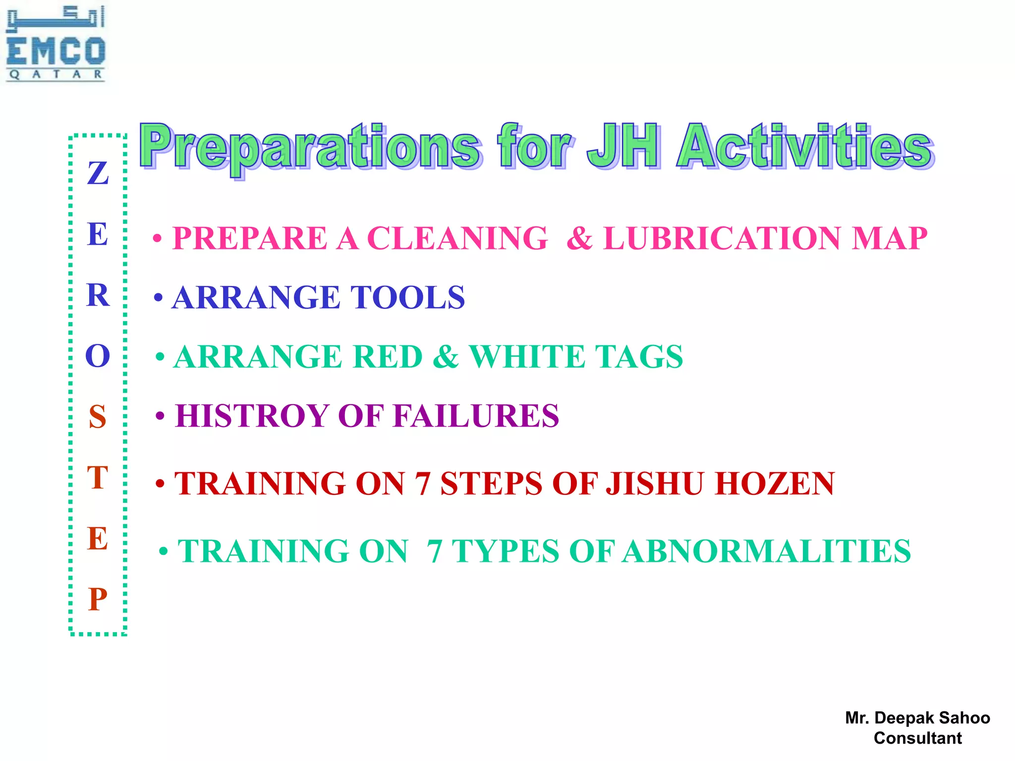 Z
E   • PREPARE A CLEANING & LUBRICATION MAP
R   • ARRANGE TOOLS
O   • ARRANGE RED & WHITE TAGS
S   • HISTROY OF FAILURES
T   • TRAINING ON 7 STEPS OF JISHU HOZEN
E   • TRAINING ON 7 TYPES OF ABNORMALITIES
P


                                           Mr. Deepak Sahoo
                                               Consultant
 