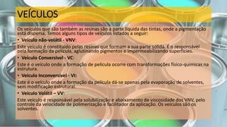 VEÍCULOS
Os veículos que são também as resinas são a parte líquida das tintas, onde a pigmentação
está dispersa. Temos alguns tipos de veículos listados a seguir:
• Veículo não-volátil - VNV:
Este veículo é constituído pelas resinas que formam a sua parte sólida. É o responsável
pela formação da película, aglutinando pigmentos e impermeabilizando superfícies.
• Veículo Conversível - VC:
Este é o veículo onde a formação de película ocorre com transformações físico-químicas na
estrutura.
• Veículo Inconversível - VI:
Este é o veículo onde a formação da película dá-se apenas pela evaporação de solventes,
sem modificação estrutural.
• Veículo Volátil – VV:
Este veículo é responsável pela solubilização e abaixamento de viscosidade dos VNV, pelo
controle da velocidade de polimerização e facilitador da aplicação. Os veículos são os
solventes.
 