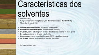 • São VOLÁTEIS;
• Função importante na aplicação, no desempenho e na durabilidade;
• Absorção do substrato;
 hidrocarbonetos alifáticos, presentes na aguarrás;
 hidrocarbonetos aromáticos, como xileno e tolueno;
 Os glicóis, como o butil glicol, acetato de etilglicol, acetato de butil glicol;
 Os acetatos, como os de etila e de butila;
 As ascetonas, como o metil etil cetona (MEK) e a ciclohexanona;
 Os álcoois, como o isopropílico, o butílico e o etílico.
Características dos
solventes
• Os mais comuns são:
 