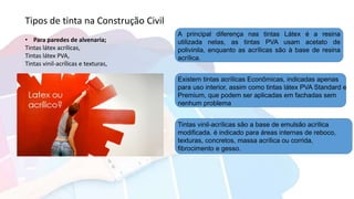Tipos de tinta na Construção Civil
• Para paredes de alvenaria;
Tintas látex acrílicas,
Tintas látex PVA,
Tintas vinil-acrílicas e texturas,
A principal diferença nas tintas Látex é a resina
utilizada nelas, as tintas PVA usam acetato de
polivinila, enquanto as acrílicas são à base de resina
acrílica.
Existem tintas acrílicas Econômicas, indicadas apenas
para uso interior, assim como tintas látex PVA Standard e
Premium, que podem ser aplicadas em fachadas sem
nenhum problema
Tintas vinil-acrílicas são a base de emulsão acrílica
modificada. é indicado para áreas internas de reboco,
texturas, concretos, massa acrílica ou corrida,
fibrocimento e gesso.
 