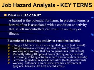 Job Hazard Analysis - KEY TERMS
 What is a HAZARD?
A hazard is the potential for harm. In practical terms, a
hazard often is associated with a condition or activity
that, if left uncontrolled, can result in an injury or
illness.
Examples of a hazardous activity or condition include:
 Using a table saw with a missing blade guard (cut hazard)
 Using a corrosive cleaning solvent (exposure hazard)
 Working on a rooftop that has no guard rails (fall hazard)
 Manually lifting 100 pound boxes (lifting injury hazard)
 Performing welding activities (burn and inhalation hazards)
 Performing medical response activities (biological hazard)
 Working outdoors in an extreme weather environment
(physical hazards like heat or cold stress)
 