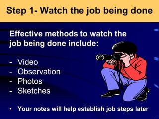 Step 1- Watch the job being done
Effective methods to watch the
job being done include:
- Video
- Observation
- Photos
- Sketches
• Your notes will help establish job steps later
 