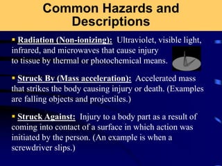Common Hazards and
Descriptions
 Radiation (Non-ionizing): Ultraviolet, visible light,
infrared, and microwaves that cause injury
to tissue by thermal or photochemical means.
 Struck By (Mass acceleration): Accelerated mass
that strikes the body causing injury or death. (Examples
are falling objects and projectiles.)
 Struck Against: Injury to a body part as a result of
coming into contact of a surface in which action was
initiated by the person. (An example is when a
screwdriver slips.)
 