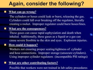 Again, consider the following?
 What can go wrong?
 What are the consequences?
 How could it happen?
 What are other contributing factors?
The cylinders or hoses could leak or burst, releasing the gas.
Cylinders could fall over breaking off the regulator, literally
creating a rocket. Improper regulator could burst hoses/lines.
These gases can cause rapid asphyxiation and death when
inhaled. Additionally, these gases as a liquid or a gas can
cause severe frostbite to the skin and eyes. Explosion injuries.
Workers not ensuring proper seating/tightness of cylinder
and hose connections. Improper storage (unsecure cylinders).
Using improper cylinder regulators (incompatible PSI ratings)
Possible that workers were not trained in lab safety procedures
 