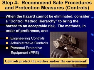 Step 4- Recommend Safe Procedures
and Protection Measures (Controls)
When the hazard cannot be eliminated, consider
a “Control Method Hierarchy” to bring the
hazard to an acceptable risk. The methods, in
order of preference, are:
 Engineering Controls
 Administrative Controls
 Personal Protective
Equipment (PPE)
Controls protect the worker and/or the environment!
 