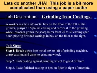 Lets do another JHA! This job is a bit more
complicated than using a paper cutter
Job Description: -Grinding Iron Castings-
A worker reaches into metal box on the floor to the left of the
grinder, grasps a 15-pound casting and carries it to the grinding
wheel. Worker grinds the sharp burrs from 20 to 30 castings per
hour, placing finished castings in box on the floor to the right.
Job Steps
Step 1. Reach down into metal box to left of grinding machine,
grasp casting, and carry to grinding wheel.
Step 2. Push casting against grinding wheel to grind off burr.
Step 3. Place finished casting in box on floor to right of machine.
 